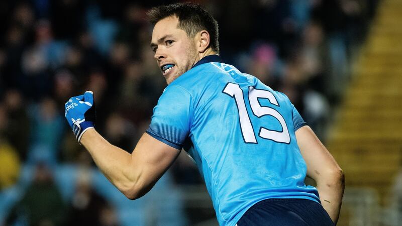 Dublin’s Dean Rock celebrates his goal against Mayo in the Allianz Football League Division 1 game at Elvery’s MacHale Park in February. Photograph: Evan Logan/Inpho