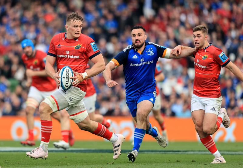 Munster’s Gavin Coombes and Jack Crowley with Rónan Kelleher of Leinster during the BKT United Rugby Championship semi-final at the Aviva Stadium. Photograph: Dan Sheridan/Inpho 