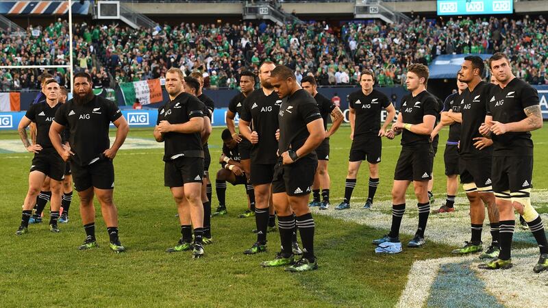 The All Blacks after their defeat to Ireland in Chicago. Photograph: Andrew Cornaga/Photosport/Inpho