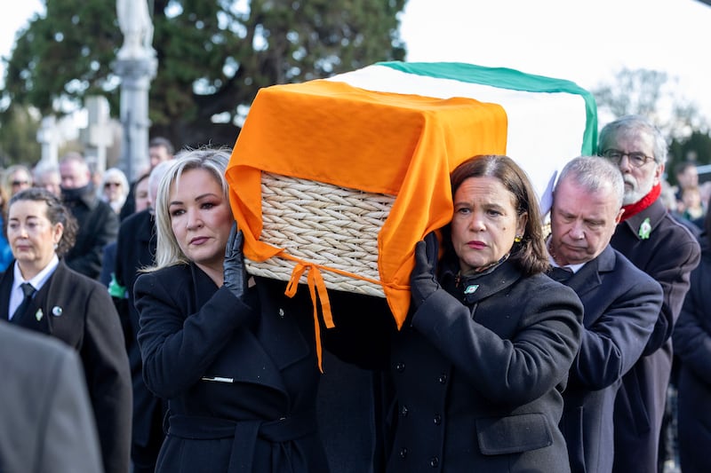 Sinn Féin leaders Michelle O’Neill and Mary Lou McDonald (front) carrying the coffin of veteran republican Rita O’Hare, along with former party leader Gerry Adams (back). Photograph: Conor Ó Mearáin/Collins Photo Agency