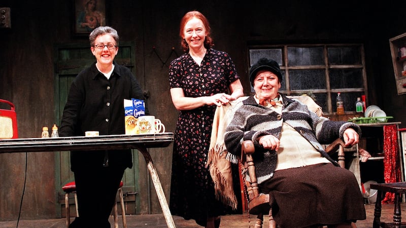 Gary Hynes, director, Marie Mullen and Anna Manahan on the set of ‘The Beauty Queen of Leenane’ at the Gaiety Theatre. Photograph: Cyril Byrne