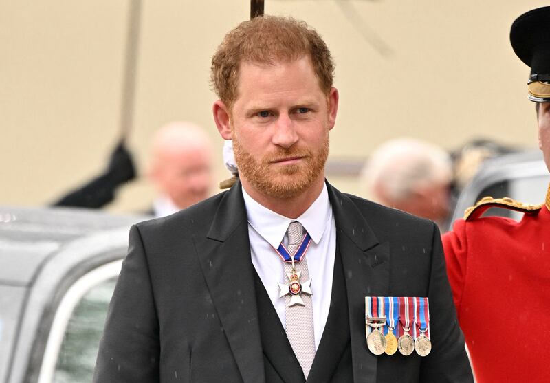 Prince Harry  arrives at Westminster Abbey before the coronations of King Charles III and Camilla, Queen Consort. Photograph: Andy Stenning/Pool/AFP via Getty Images