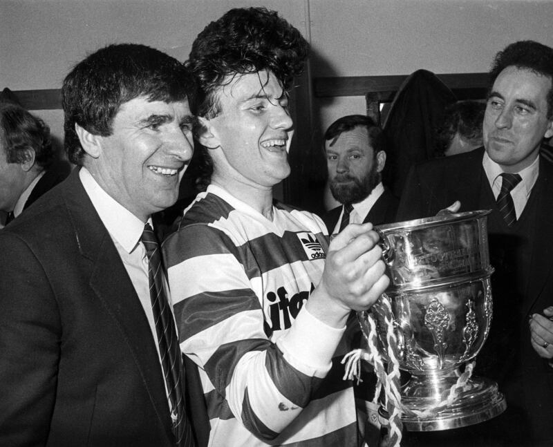 Shamrock Rovers manager Jim McLaughlin and Paul Doolan. 
Photograph: Billy Stickland/Inpho