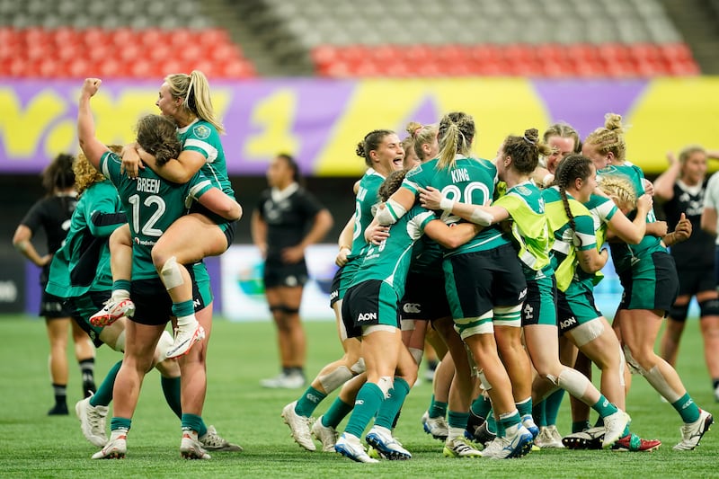 Ireland players celebrate their victory over New Zealand at the WXV1 tournament in Vancouver. Photograph: Rich Lam/World Rugby via Getty Images