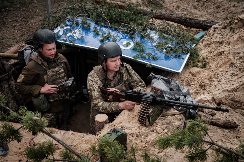 Ukrainian soldiers rest at their position near Lyman on April 28th. Photograph: Yasuyoshi Chiba/AFP via Getty Images