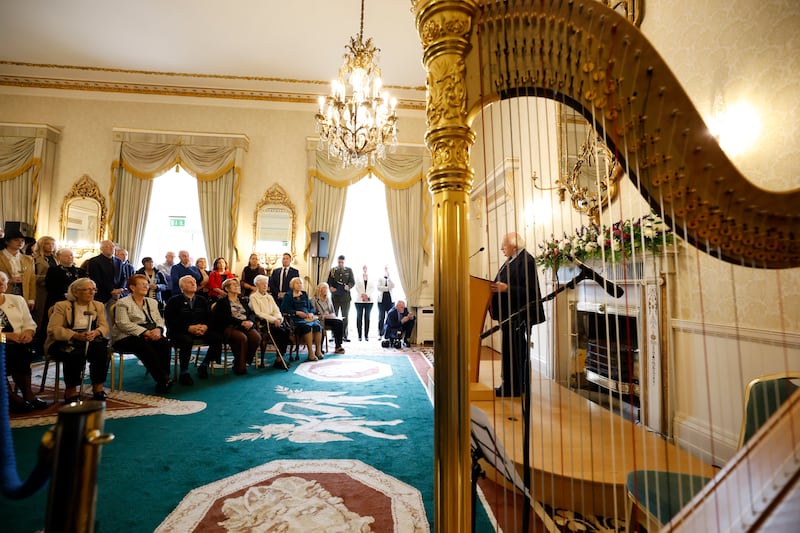 President Michael D Higgins addresses the family and friends of the victims of the Stardust tragedy in the Áras on Wednesday.  Photograph: Nick Bradshaw/The Irish Times