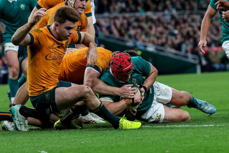 Ireland's Josh van der Flier goes over for a try against Australia in the Aviva Stadium Test match. Photograph: Billy Stickland/Inpho