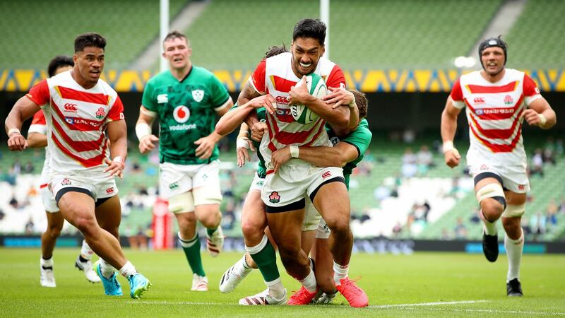 Japan’s Timothy Lafaele scores a try against Ireland during the game at the Aviva Stadium back in July. Photograph: Inpho