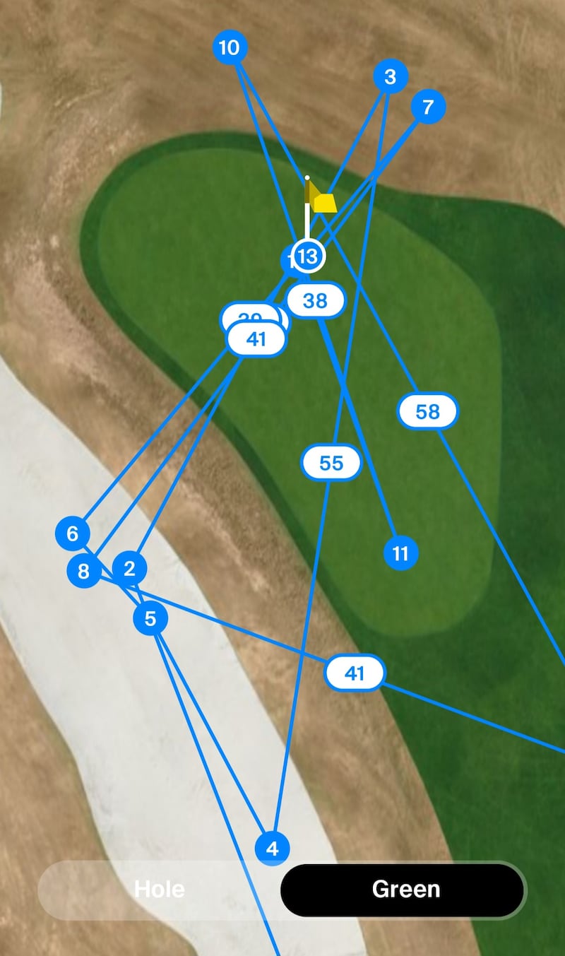 William Mouw almost sank a 65-foot putt with his 12th shot on the par-5 16th at the Pete Dye Stadium Course.