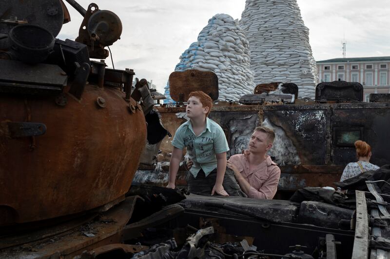 A display of destroyed Russian military vehicles at the National Military History Museum in Kyiv. Photograph: Emile Ducke/New York Times