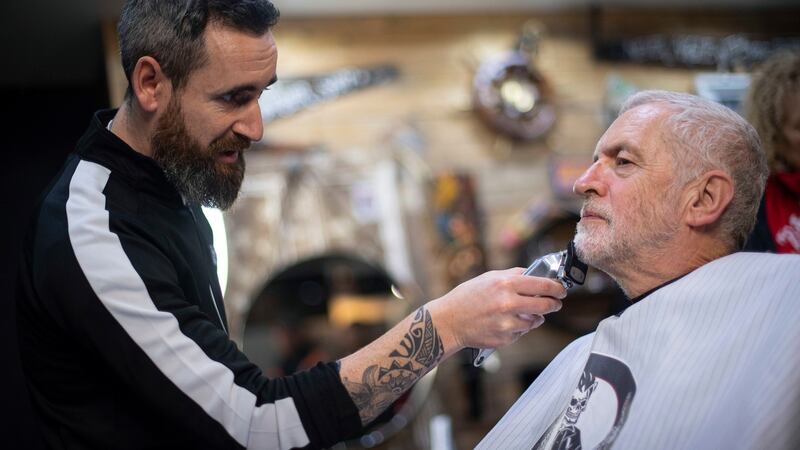 Labour Party leader Jeremy Corbyn in Big Mel’s Barbershop, Carmarthen, Wales, having his beard trimmed this week. Photograph: Victoria Jones/PA Wire