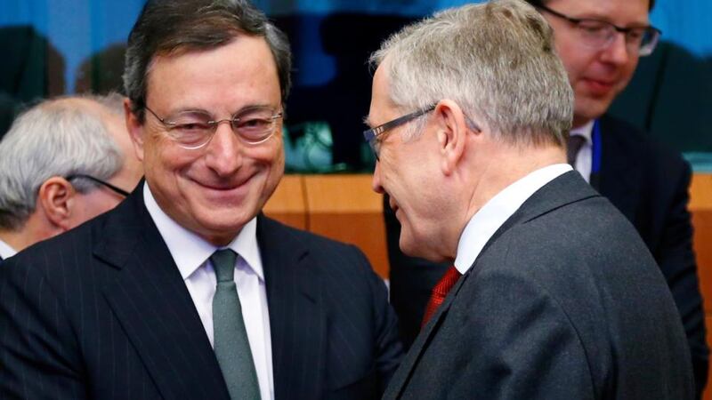 European Central Bank president Mario Draghi and European Stability Mechanism managing director Klaus Regling (right) attend an eurozone finance ministers meeting in Brussels on February 17th, 2014. Photograph: Francois Lenoir/Reuters