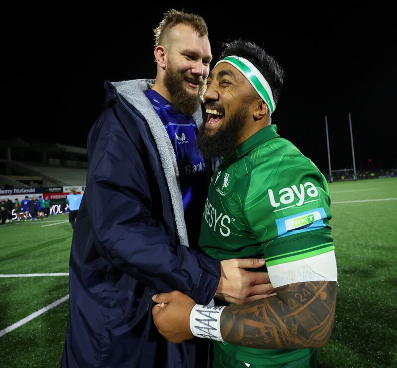 RG Snyman and Bundee Aki share a laugh after the game. Photograph: James Crombie/Inpho