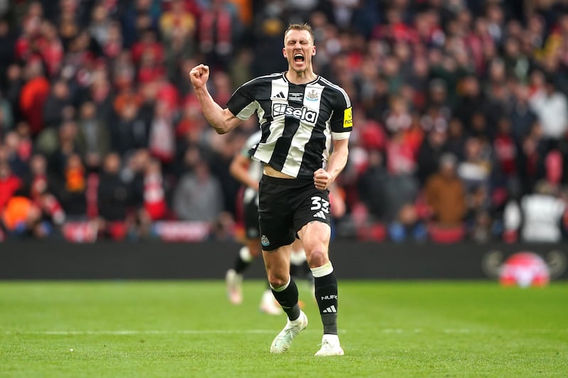 Newcastle United's Dan Burn celebrates scoring his side's first goal. Photograph: Owen Humphreys/PA Wire