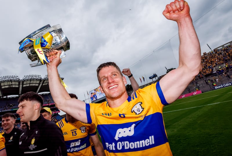 Clare’s John Conlon celebrates with the Liam MacCarthy Cup at Croke Park in July. Photograph: James Crombie/Inpho