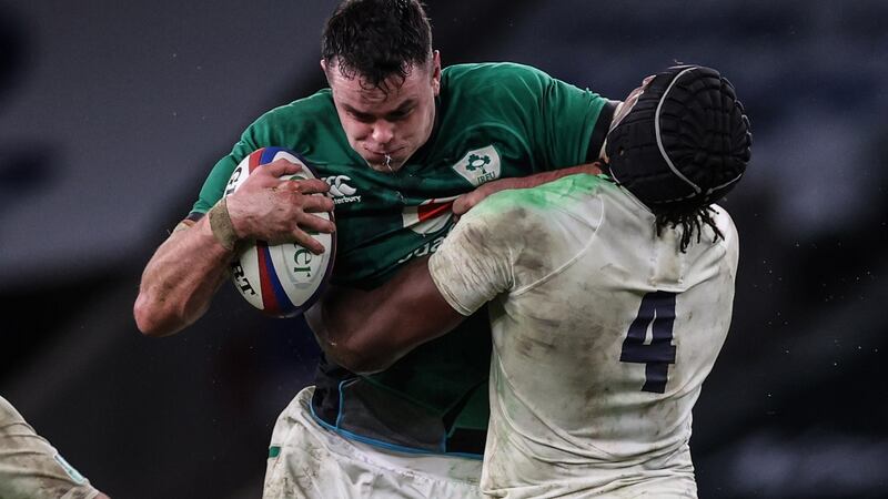 James Ryan is tackled by Maro Itoje at Twickenham. Photograph: Billy Stickland/Inpho