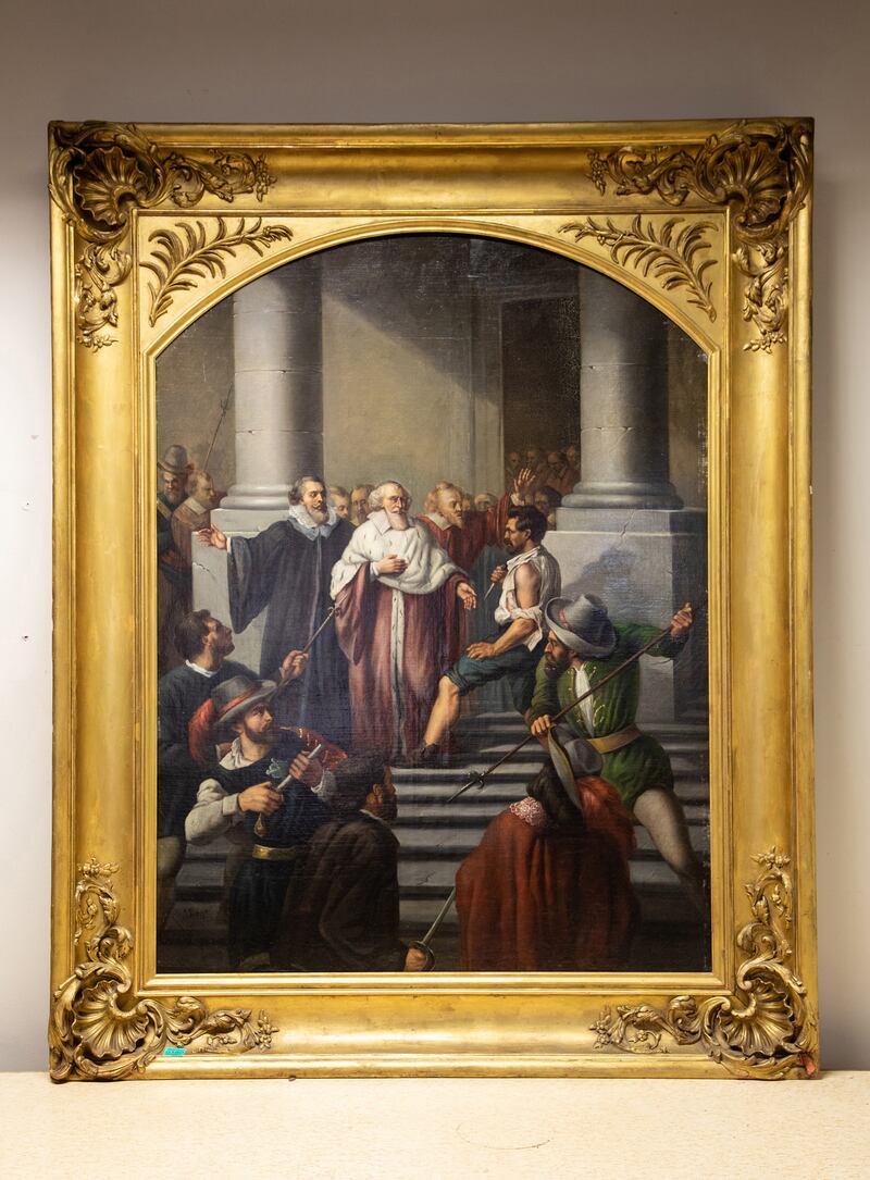 Undated handout image issued by Franciscan Brothers of The Inquisition, a 19th century oil on canvas, which has an estimate of 2000-4000 euro, which will form part of a sale of 800 ecclesiastical lots valued at 200,000 euro to help refurbish accommodation for Ukrainian refugees. Issue date: Sunday May 7, 2023. PA Photo. The items were cleared out of the Franciscan College in Gormanston, Co Meath as well as friaries in Athlone, Co Westmeath and Clonmel, Co Tipperary. The collection includes mid-century furniture, ecclesiastical art, brassware, school benches, pews and a full-sized mahogany billiards table which has a guide price of up to 2,000 euro. See PA story IRISH Auction. Photo credit should read: Michael Donnelly/PA Wire 

NOTE TO EDITORS: This handout photo may only be used in for editorial reporting purposes for the contemporaneous illustration of events, things or the people in the image or facts mentioned in the caption. Reuse of the picture may require further permission from the copyright holder.


