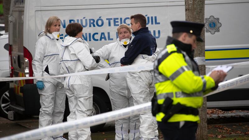 Gardaí at the scene on Mount Andrew Court, Lucan on Tuesday, where the body of a man was discovered in a burning car. Photograph: Colin Keegan, Collins Dublin