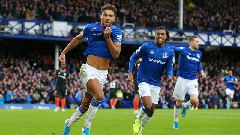 Dominic Calvert-Lewin celebrates scoring Everton’s second against Chelsea. Photograph: Alex Livesey/Getty