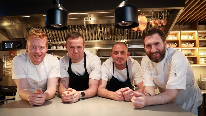 Chefs Mark Moriarty, James Sheridan, Damien Grey and Ciaran Sweeney in Liath, Blackrock, for an Irish Times Food & Drink Club Meet the Chef dinner. Photographs:  Crispin Rodwell.