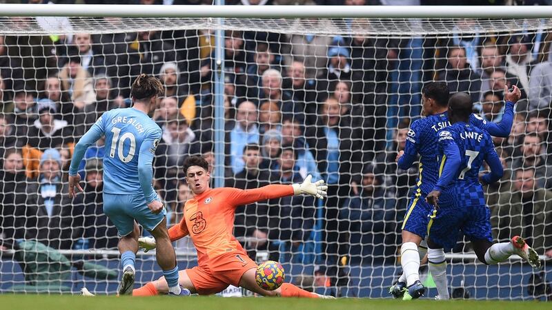 Kepa Arrizabalaga denies Manchester City’s Jack Grealish at the Etihad Stadium. Photograph: Getty Images