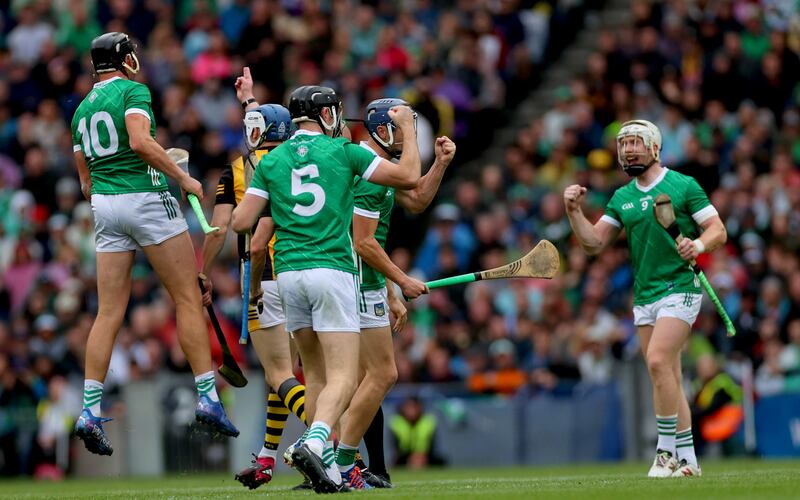 Limerick’s Gearoid Hegarty, Diarmaid Byrnes and Cian Lynch celebrate winning a turnover. Photograph: James Crombie/Inpho