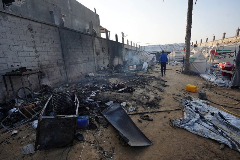 The remains of destroyed tents the day after a strike on the al-Mawasi area, northwest of the Palestinian city of Rafah. Photograph: Rabih Daher/Getty Images