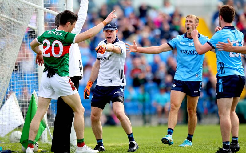 Dublin goalkeeper Stephen Cluxton appeals a late decision to give a 45 to Mayo. Photograph: Ryan Byrne/Inpho