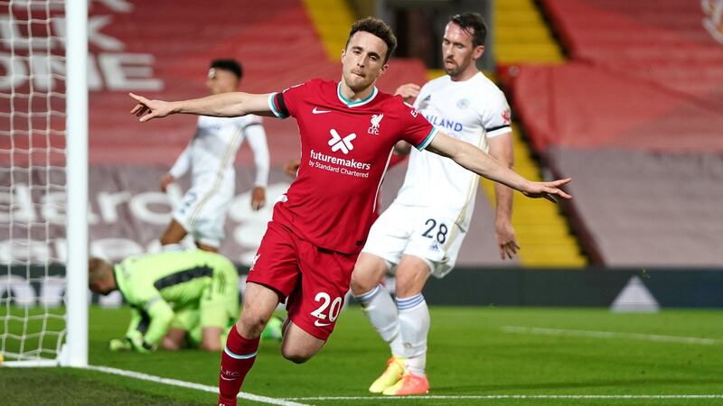 Liverpool’s Diogo Jota celebrates scoring against Leicester at Anfield. Photograph: PA