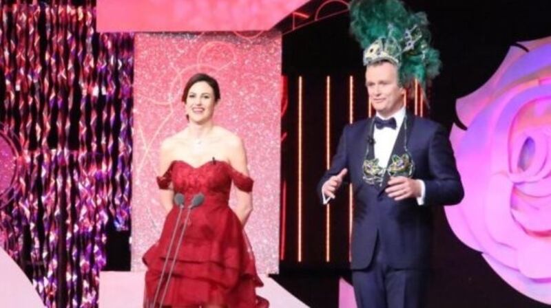 Brianna Parkins competing for Sydney in the Rose of Tralee with MC Dáithí Ó Sé. Photograph: Rose of Tralee/Twitter