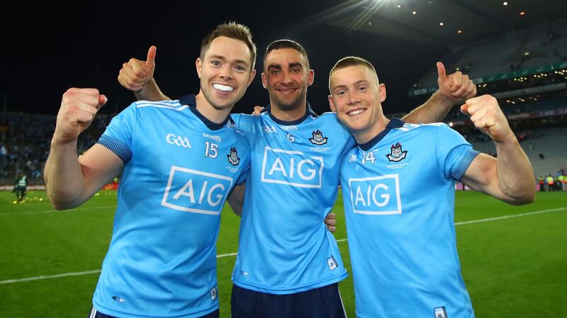 Dean Rock, James McCarthy and Con O’Callaghan celebrate Dublin’s win over Kerry in the All-Ireland final replay last September. Photograph: James Crombie/Inpho