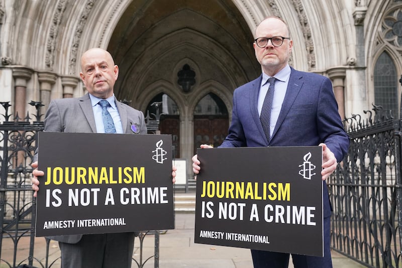 Journalists Barry McCaffrey and Trevor Birney outside the Royal Courts of Justice in October 2024. Photograph: Jonathan Brady/PA Wire