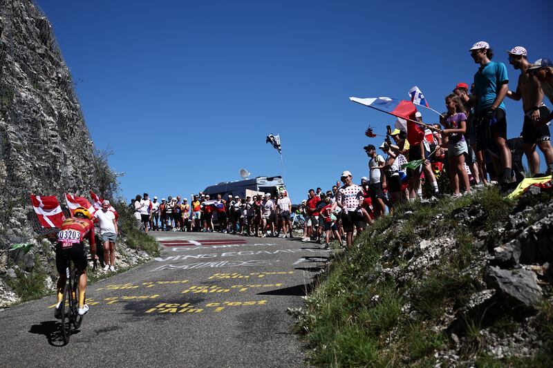 Danish rider Anthony Charmig of Uno-X Pro Cycling Team in the final ascent of Col du Grand Combier. Photograph: Anne-Christine Poujoulat/AFP/Getty Images 