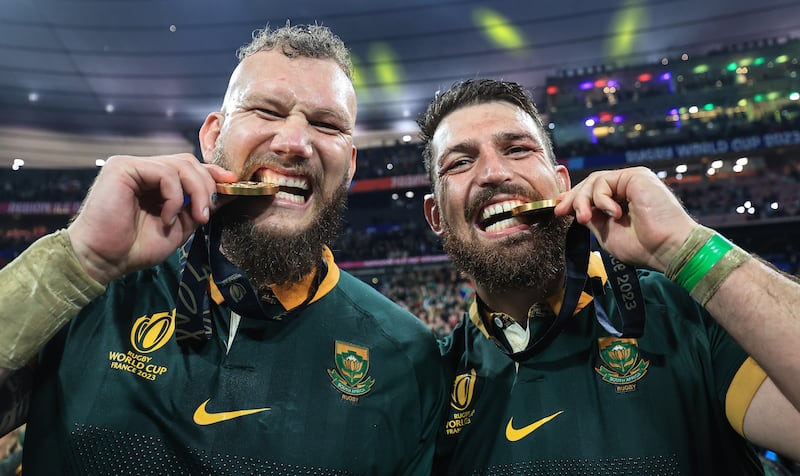 South Africa’s RG Snyman and Jean Kleyn celebrate after winning the World Cup. Photograph: Dan Sheridan/Inpho
