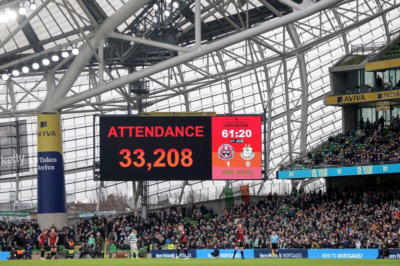 The official match attendance displayed on the screen at the Aviva Stadium. Photograph: Laszlo Geczo/Inpho