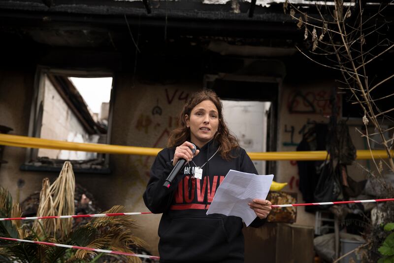 Amit Soussana speaks to the press near her house where she was kidnapped during the Hamas-led attack on Israel on October 7th, 2023. Photograph: Amir Levy/Getty Images