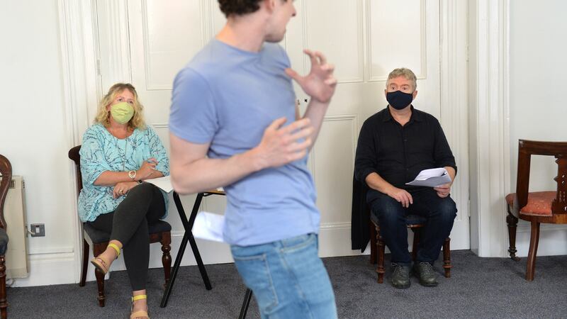 Writer Deirdre Kinahan, actor Matthew Malone and artistic director Jim Culleton during rehearsals at Fishamble for the play Embargo. Photograph: Dara Mac Dónaill