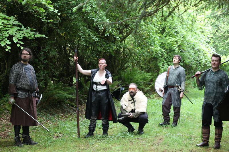 'Bandits' Feichín Frisbee, Sarah Brennan, Aonghus Maher, Jarek Jeżak and Shea Keenan prepare to ambush players along a forest path. Photograph: Allan Leeson