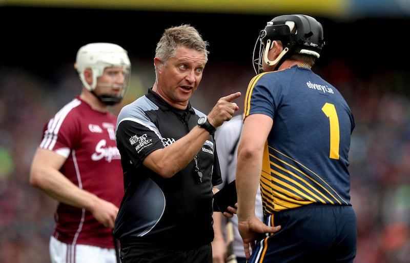 Referee Barry Kelly with Tipperary goalkeeper Darren Gleeson during the 2017 All-Ireland Final. Photograph: Ryan Byrne/Inpho