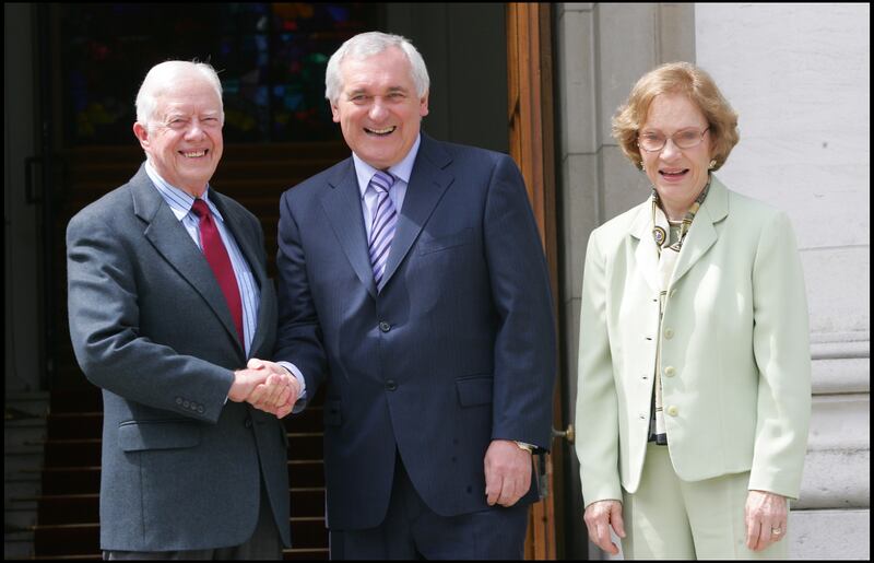 Former US president Jimmy Carter with his wife Rosalynn photographed in Government Buildings during a courtesy call on then taoiseach Bertie Ahern. Photograph: Brenda Fitzsimons/The Irish Times