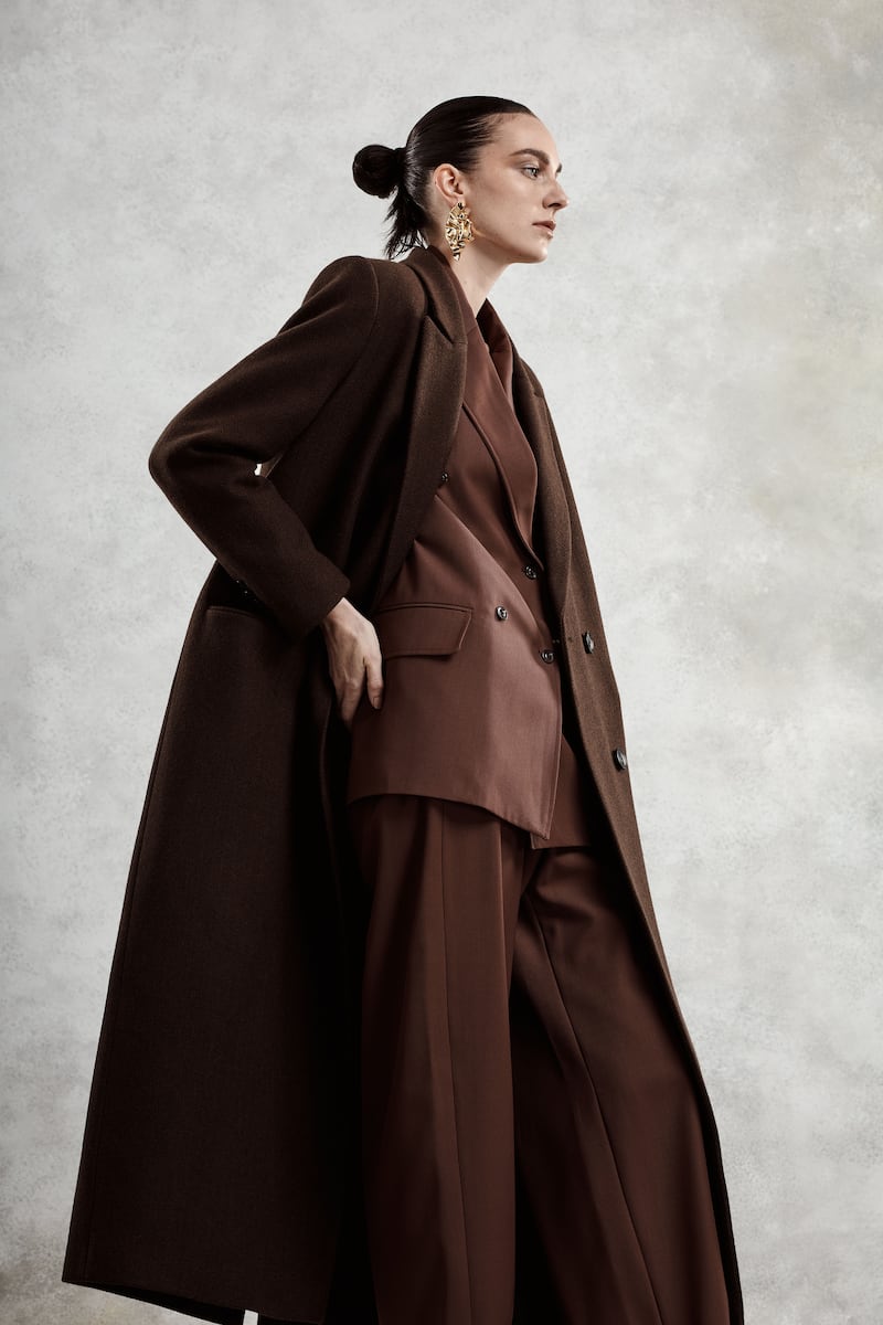 Laurel: Chestnut herringbone tweed floor-length coat, €1050