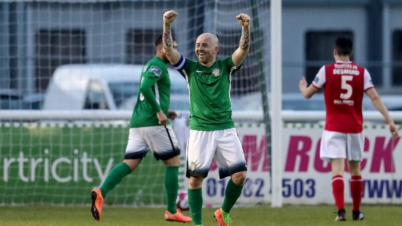 Bray’s Gary McCabe celebrates after his side’s second. Photograph: Laszlo Geczo/Inpho