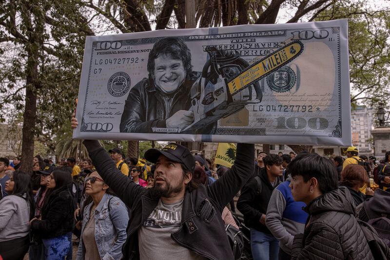 Supporters of Javier Milei in Salta, Argentina. Photograph: Sarah Pabst/The New York Times
                      