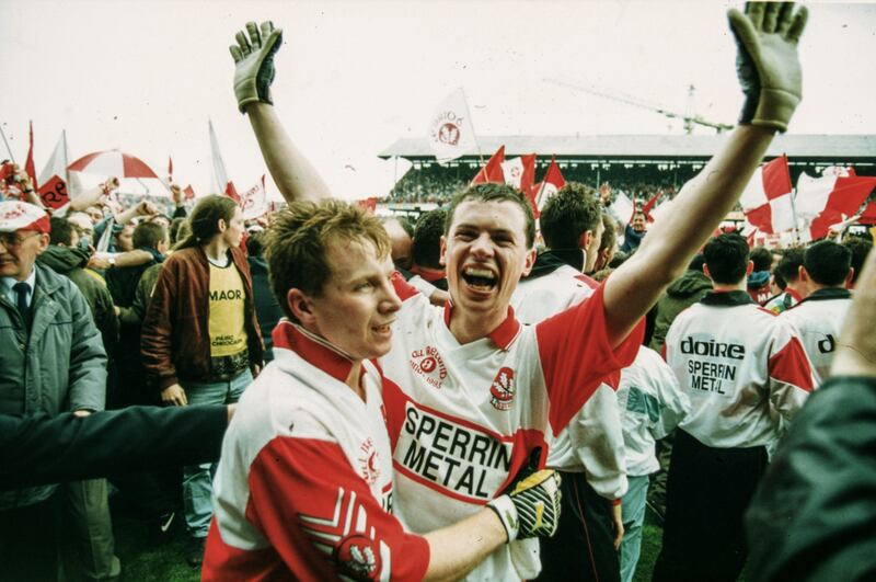 Derry’s Kieran McKeever and Joe Brolly celebrate after beating Cork in the 1993 All-Ireland final. Photograph: James Meehan/Inpho