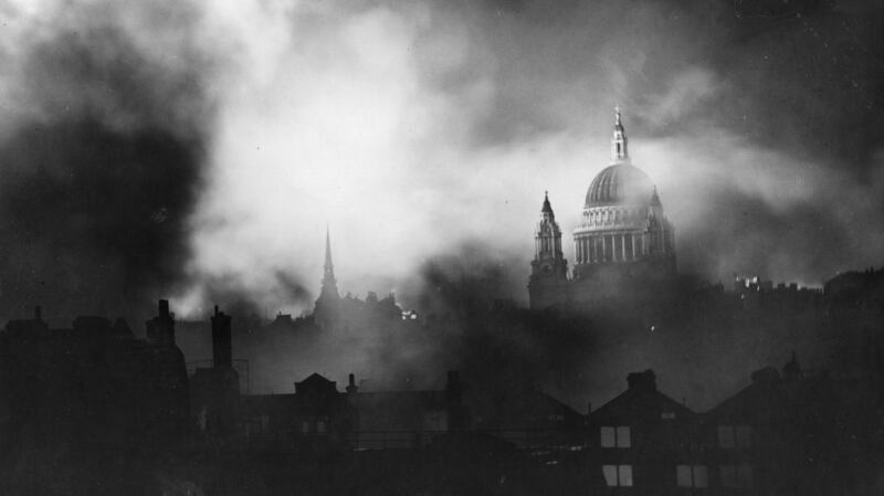 The famous image of St Paul’s Cathedral as seen through the flames and smoke of blazing buildings in London during the Blitz. Photograph: Keystone/Getty Images