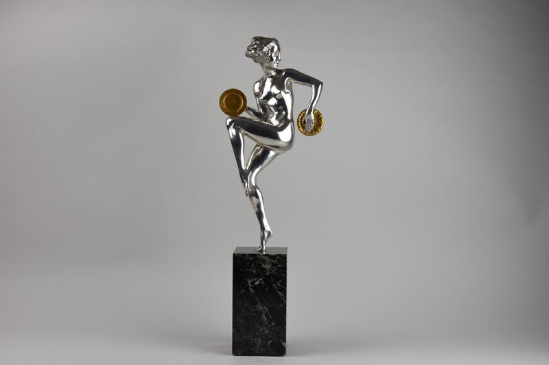 Art deco silvered bronze of a cymbal dancer by Aurore Onu at Niall Mullen's stand at Timeless this weekend