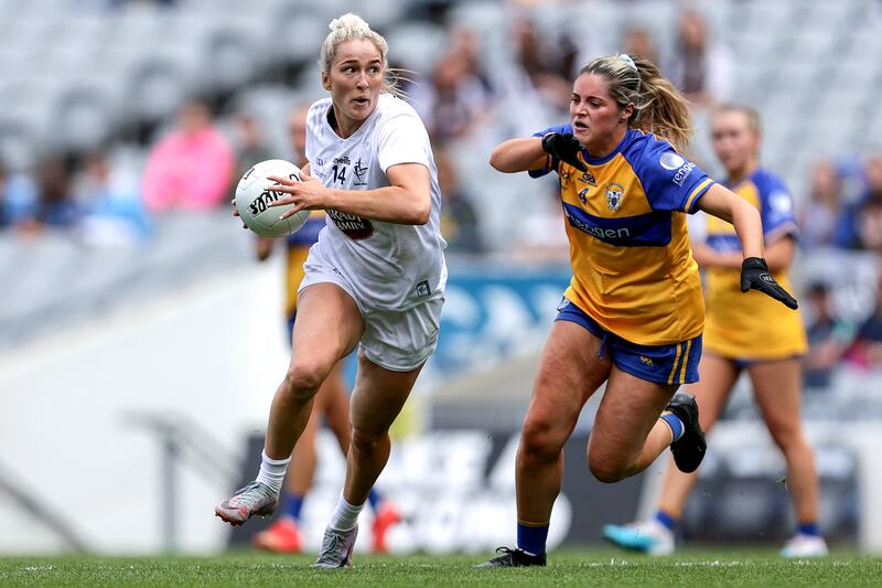 Kildare's Róisín Byrne and Gráinne Harvey of Clare at close quarters. Photograph: Laszlo Geczo/Inpho