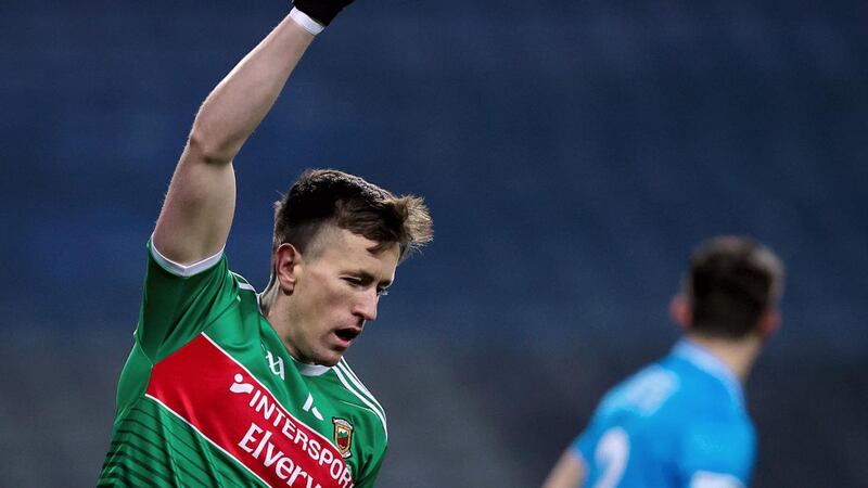 Mayo’s Cillian O’Connor celebrates scoring a point in the All-Ireland final against Dublin last December. Photograph: Tommy Dickson/Inpho