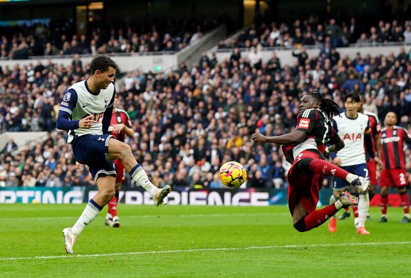 Tottenham Hotspur's Brennan Johnson scores. Photograph: Ben Whitley/PA