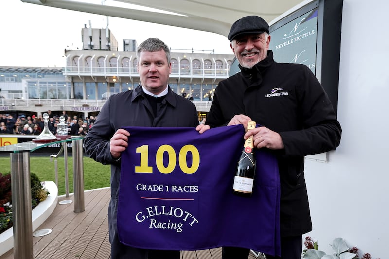 Gordon Elliott celebrates his 100th Grade 1 race win with Leopardstown chief executive Tim Husbands last month. Photograph: Laszlo Geczo/Inpho